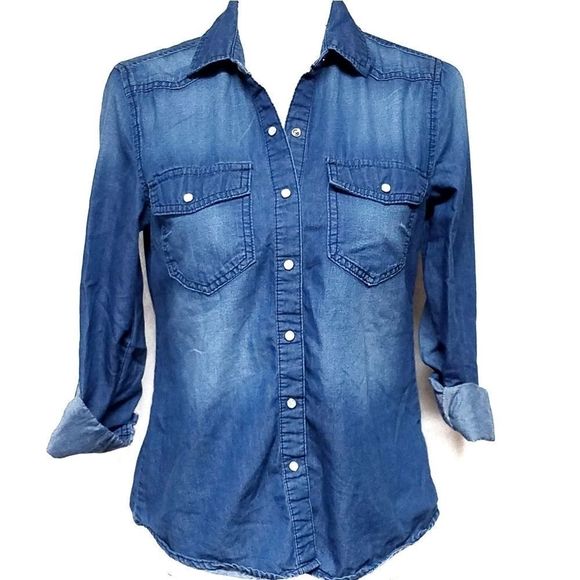 Rewash Tops - REWASH Chambray Distressed Button Down Pearl Top